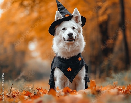 A beautiful dog wearing a witch costume to celebrate Halloween
 photo