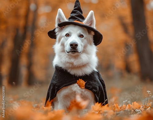 A beautiful dog wearing a witch costume to celebrate Halloween photo