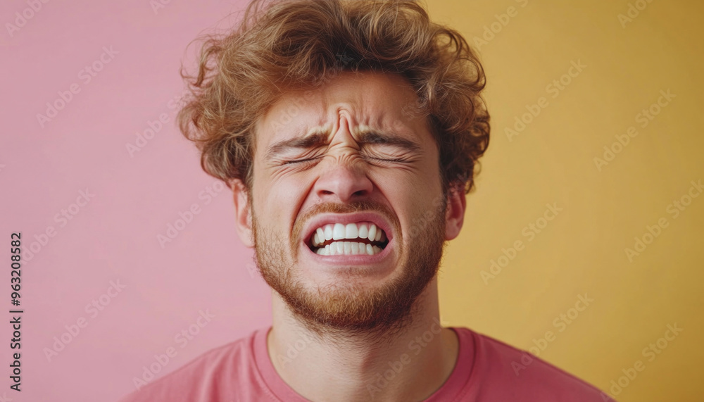 Young man showing negative emotions on pink and yellow background Young man showing negative emotions on pink and yellow background