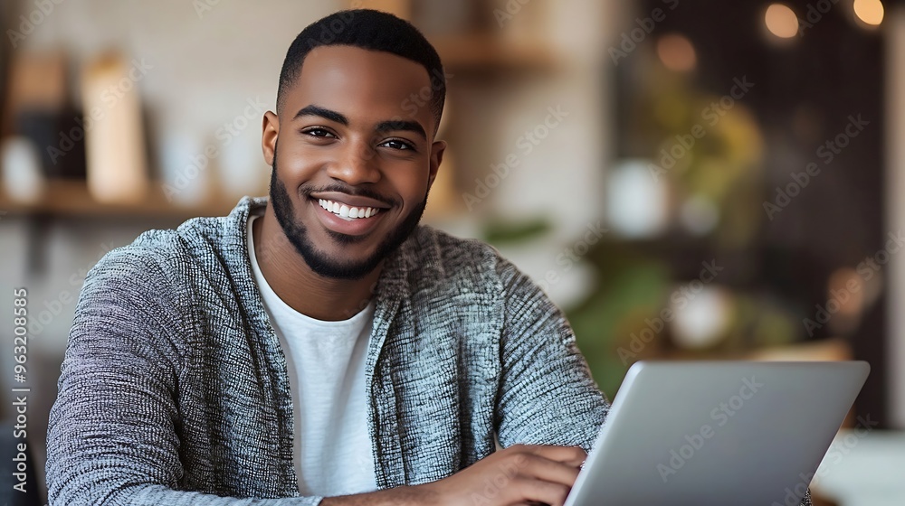 Naklejka premium Smiling young entrepreneur working on laptop at table Confident male professional is analyzing success plan He is sitting at home office : Generative AI