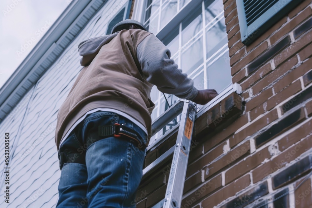 A man is on a ladder, fixing a window. Concept of hard work and determination A man is on a ladder, fixing a window. Concept of hard work and determination