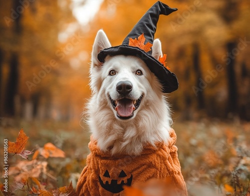 A beautiful dog wearing a witch costume to celebrate Halloween photo