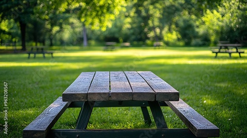 Park Picnic table bench rest relax outdoors Benches and tables on green grass in recreational area : Generative AI photo