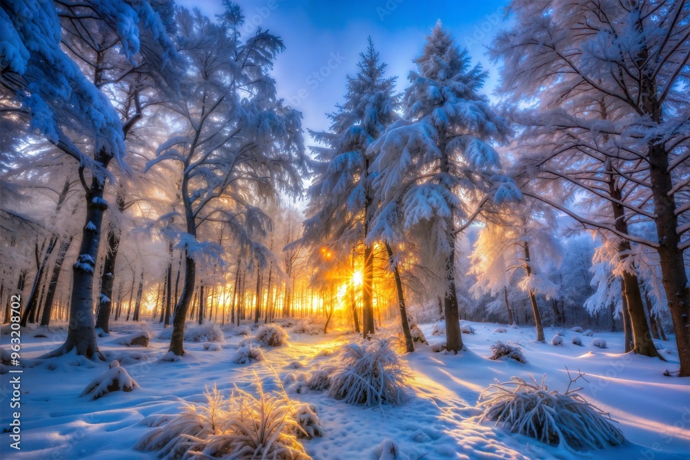 Snow covered forest with sunrise breaking through trees in winter morning