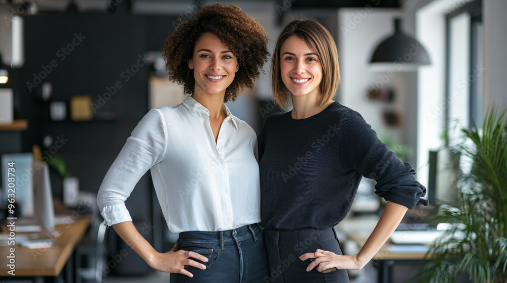 Fototapeta premium Two businesswomen are smiling with their hands on their hips in a modern office