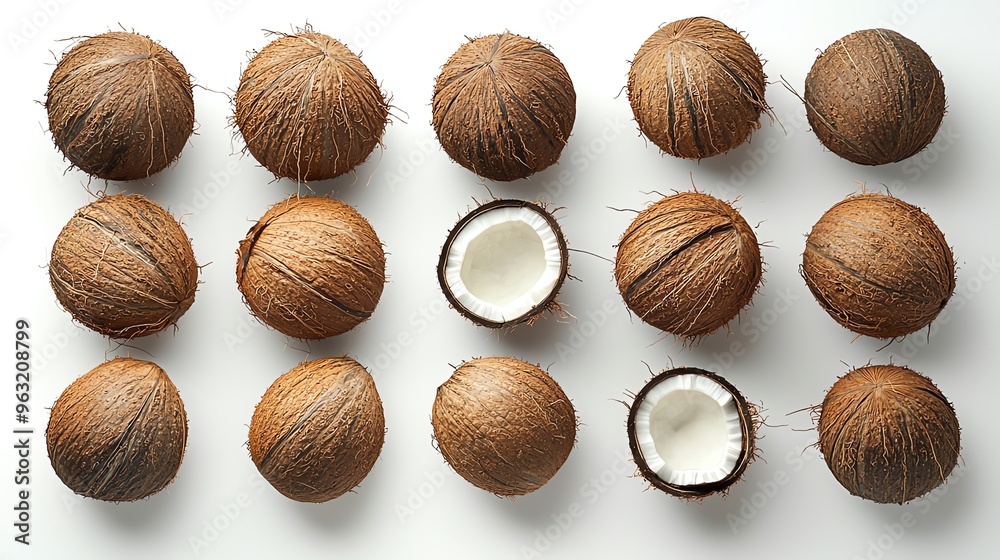 a whole view of multiple coconuts arranged on isolated white background, view from above, editorial photography a whole view of multiple coconuts arranged on isolated white background, view from above, editorial photography