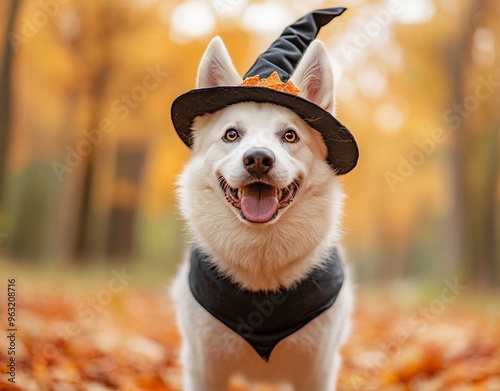 A beautiful dog wearing a witch costume to celebrate Halloween photo