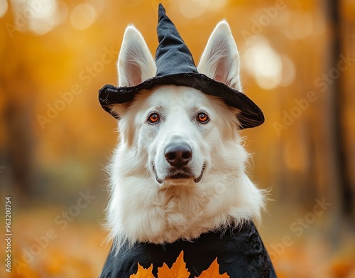 A beautiful dog wearing a witch costume to celebrate Halloween photo