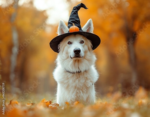 A beautiful dog wearing a witch costume to celebrate Halloween photo