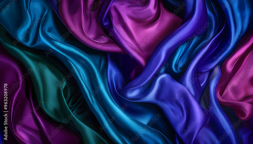 Obraz premium Close-up of silky fabric in vibrant shades of blue, purple, and green, elegant background.