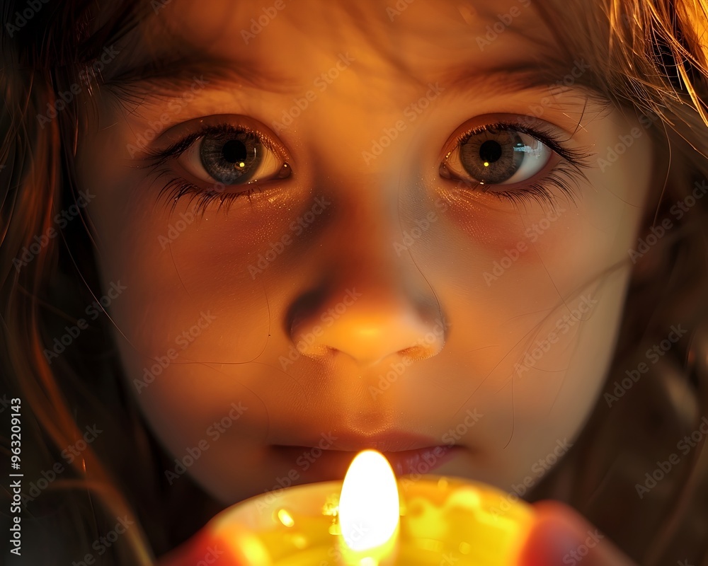 A child s face reflecting the warm glow of a candlelight capturing the essence of childhood wonder and curiosity A child s face reflecting the warm glow of a candlelight capturing the essence of childhood wonder and curiosity