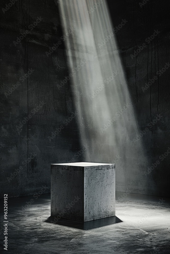 A cube is sitting in a room with a light shining on it. The room is dark and the cube is the only object in the scene A cube is sitting in a room with a light shining on it. The room is dark and the cube is the only object in the scene