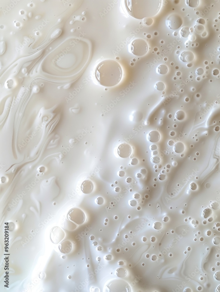 The image is a close up of a white liquid with many small bubbles. The bubbles are scattered throughout the liquid, creating a sense of movement and energy. Scene is one of fluidity and motion The image is a close up of a white liquid with many small bubbles. The bubbles are scattered throughout the liquid, creating a sense of movement and energy. Scene is one of fluidity and motion