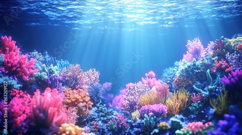 Underwater Coral Reef with Sunlight.