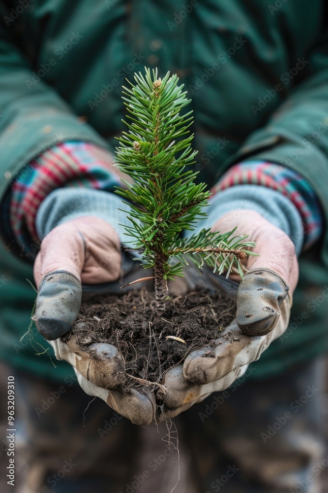 A person is holding a small tree in their hands. The tree is surrounded by dirt and he is a young sapling. The person is wearing gloves, which suggests that they are taking care of the tree A person is holding a small tree in their hands. The tree is surrounded by dirt and he is a young sapling. The person is wearing gloves, which suggests that they are taking care of the tree