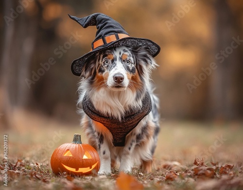 A beautiful dog wearing a witch costume to celebrate Halloween photo