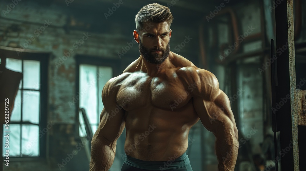 Muscular Man Posing in Industrial Setting Muscular Man Posing in Industrial Setting