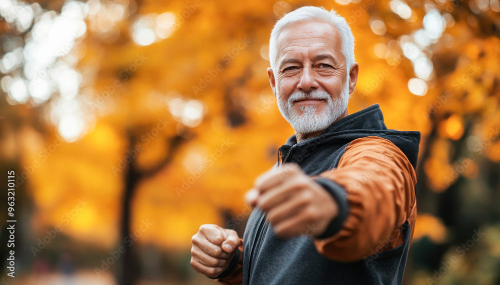Senior man exercising in park during autumn is stretching arms Senior man exercising in park during autumn is stretching arms