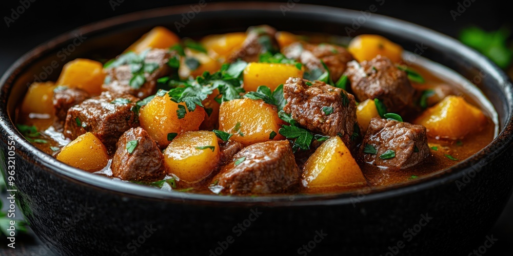 Close-up of Beef Stew with Potatoes and Parsley in a Black Bowl Close-up of Beef Stew with Potatoes and Parsley in a Black Bowl