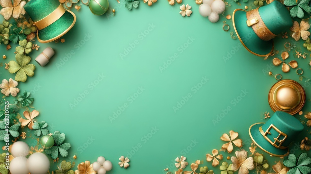 Celebrate St. Patrick's Day with this vibrant green background adorned with hats, clovers, and festive decorations. Celebrate St. Patrick's Day with this vibrant green background adorned with hats, clovers, and festive decorations.