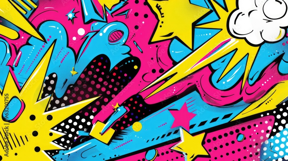 Fototapeta premium Retro comics illustration with a 90s pop art pattern and psychedelic background.