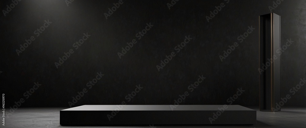 Black podium or pedestal display on dark background with long platform. Blank product shelf standing backdrop. 3D rendering, blurred background Black podium or pedestal display on dark background with long platform. Blank product shelf standing backdrop. 3D rendering, blurred background