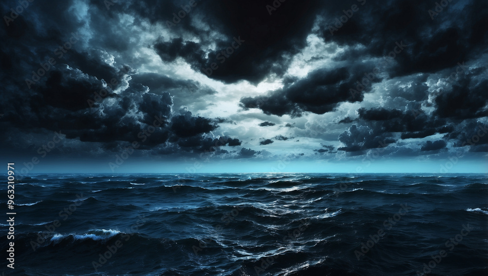 Horror Black-Blue Sky Over a Gloomy Ocean with a Mysterious Atmosphere Horror Black-Blue Sky Over a Gloomy Ocean with a Mysterious Atmosphere