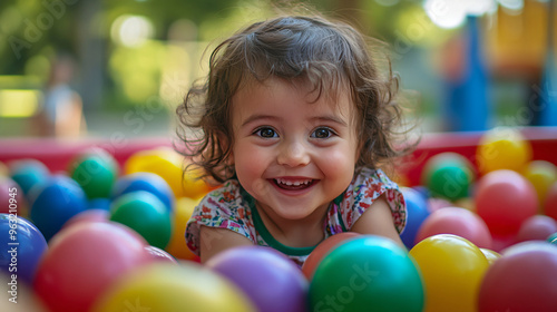 Happy little girl enjoys playing in a ball pit at the park on a sunny summer day