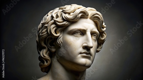 historical, marble bust, ruler, classical, angle, archaeology, civilization, king, antiquity,ancient, ancient history, An ancient marble bust of Alexander the Great tilted at an angle