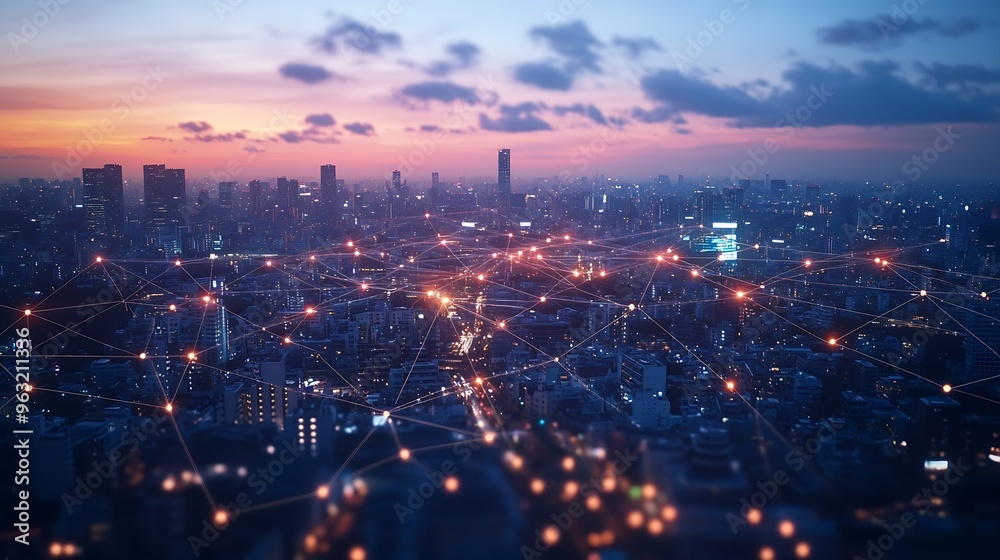 Fototapeta premium Smart city connection dot point connect with line network technology metaverse conceptBig data connection technology Telecommunication and communication network concept : Generative AI