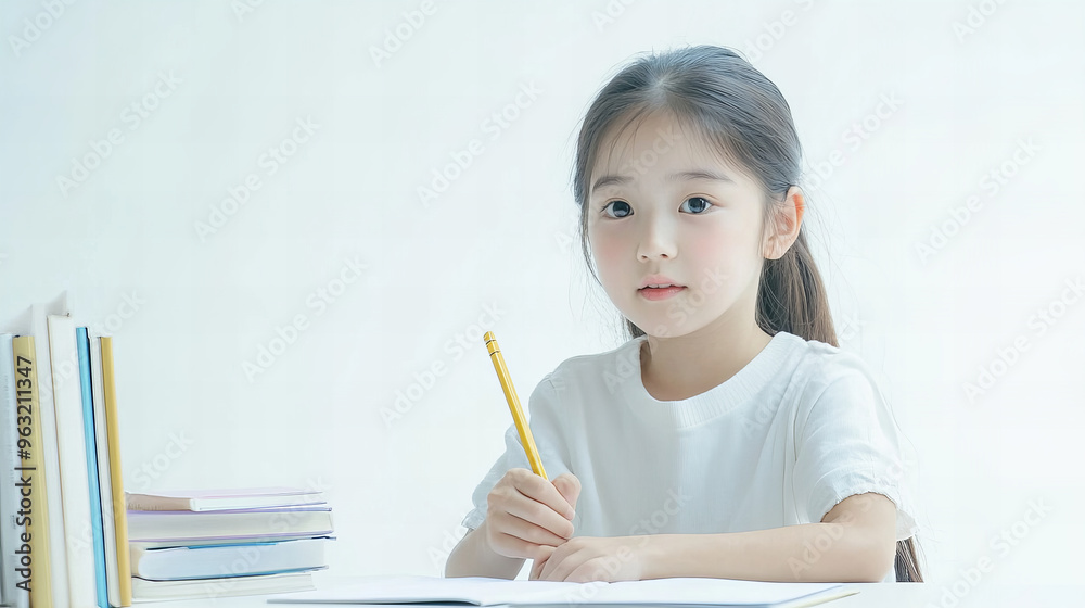 A young girl is sitting at a desk with a pencil and a stack of books. She is focused on writing in her notebook. Concept of concentration and determination as the girl works on her task A young girl is sitting at a desk with a pencil and a stack of books. She is focused on writing in her notebook. Concept of concentration and determination as the girl works on her task