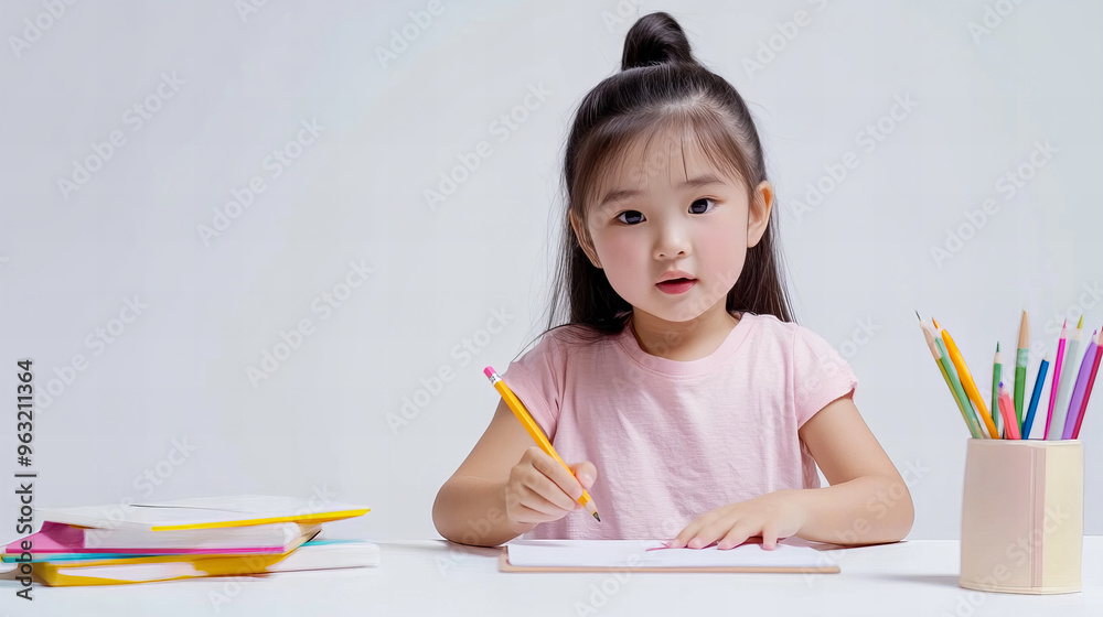 A young girl is sitting at a desk with a pencil and a stack of books. She is focused on writing in her notebook. Concept of concentration and determination as the girl works on her task A young girl is sitting at a desk with a pencil and a stack of books. She is focused on writing in her notebook. Concept of concentration and determination as the girl works on her task