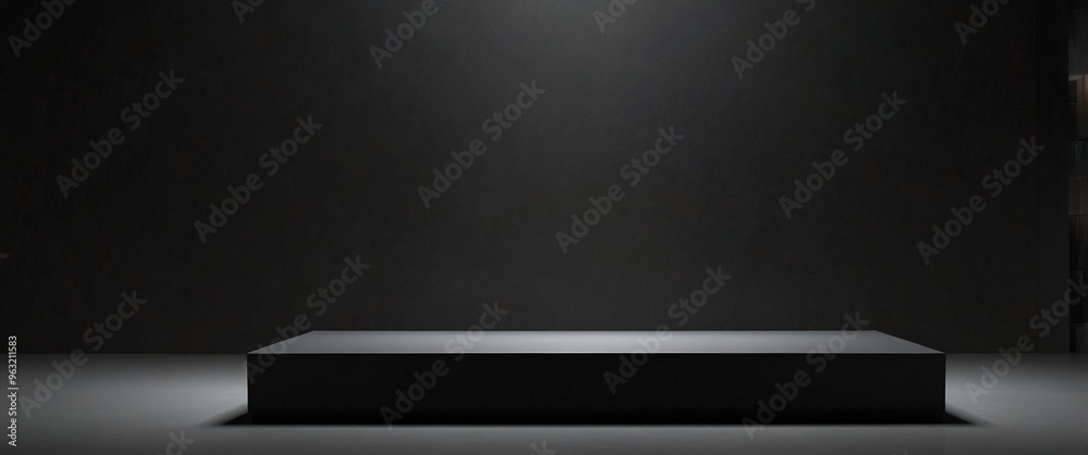Black podium or pedestal display on dark background with long platform. Blank product shelf standing backdrop. 3D rendering, blurred background Black podium or pedestal display on dark background with long platform. Blank product shelf standing backdrop. 3D rendering, blurred background