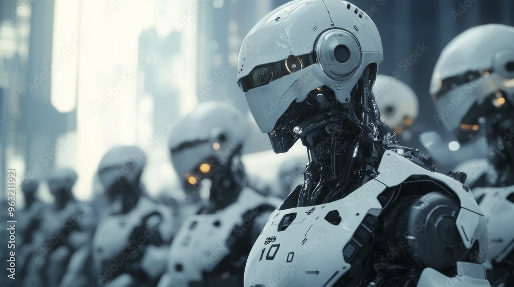 Futuristic depiction of unemployment with robots replacing human jobs in a high-tech dystopian world Futuristic depiction of unemployment with robots replacing human jobs in a high-tech dystopian world