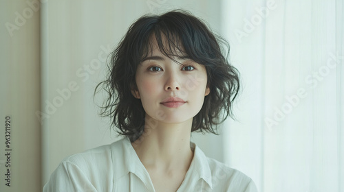 A woman with a short haircut and a dark eye makeup. She is looking at the camera. The image has a mood of confidence and self-assurance