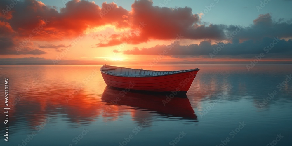 Red Boat on Calm Water at Sunset Red Boat on Calm Water at Sunset