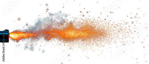 Close-up of a muzzle flash, side view, isolated on a white or transparent background. Fire from a gunshot. Bullet firing flame overlay, design element. photo