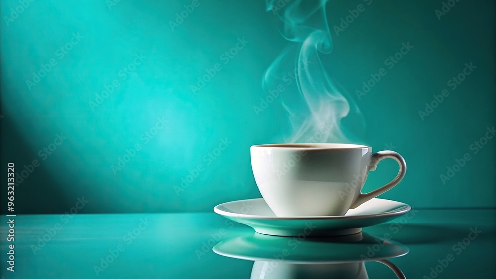 white coffee cup, saucer, warmth, high angle, A steaming white coffee cup is placed on a saucer against a calming teal background radiating warmth and inviting relaxation white coffee cup, saucer, warmth, high angle, A steaming white coffee cup is placed on a saucer against a calming teal background radiating warmth and inviting relaxation