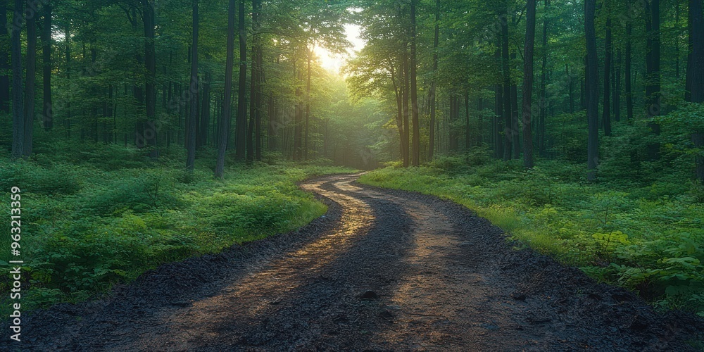 Sunlit Path Winding Through a Lush Green Forest