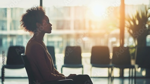 Businesswoman waiting for a job offer at an office center during challenging employment times photo