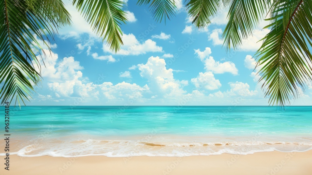 Tropical beach background with palm leaves border and empty center space. Tropical beach background with palm leaves border and empty center space.