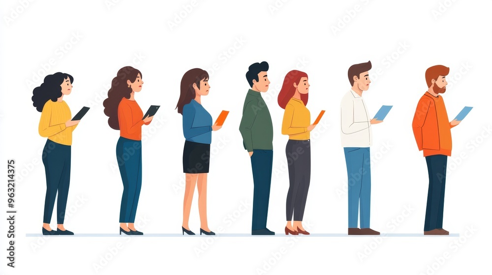Diverse group of job seekers standing in line with expressions of concern for interviews Diverse group of job seekers standing in line with expressions of concern for interviews