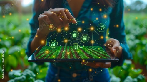 smart vegetation growing system, a woman holds a computer tablet on which there are lines and icons for collecting data and manipulating the smart system