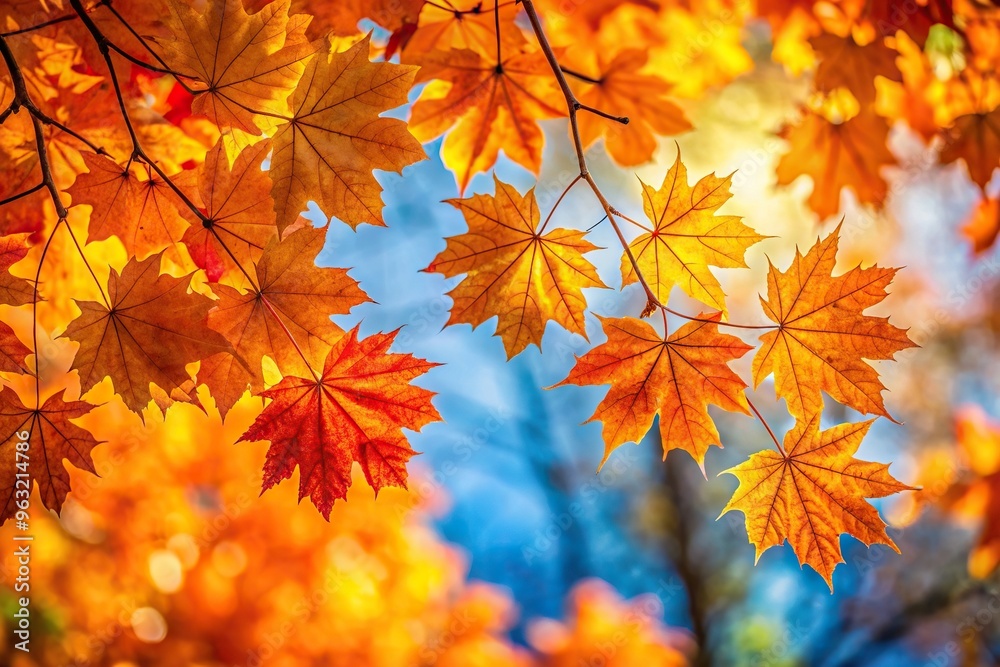 Maple autumn foliage with vibrant orange and yellow leaves against a natural background captured from a worm s eye view, leaves, foliage, vibrant, natural, orange, worm's eye view, yellow
