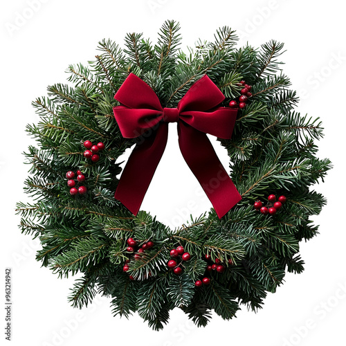 Christmas pine wreath with red bow and Christmas decoration isolated on transparent background. Cutout for decorating postcards or greeting cards