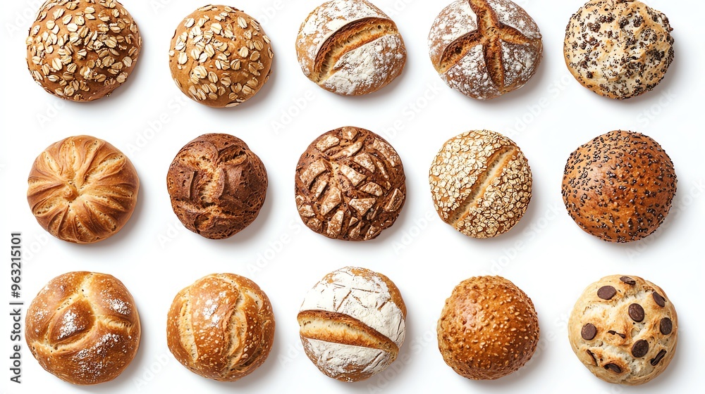 a whole view of multiple soda breads on isolated white background, view from above, editorial photography