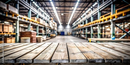 Empty wood table top with blur background of warehouse