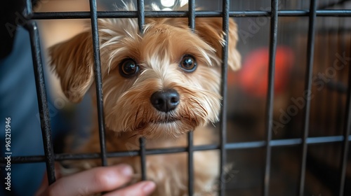 Pet Shop employee putting Small Dog inside cage Pet in isolation behing bars : Generative AI photo