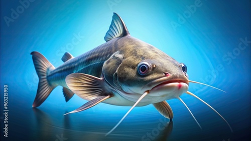 Catfish Pseudoplatystoma fasciatum swimming in front of a blue background seen from a worm s eye view, swimming, fish, vertebrate, scales, animal, carnivorous, marine, biodiversity