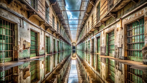 water reflection, eerie, grimy, haunted, decay, old, grim, darkness, vintage, decaying, foreboding, deteriorated, Abandoned prison hallway with water reflection and detailed decay